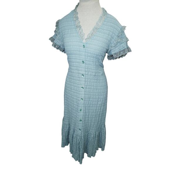 Opening Ceremony Blue Crinkle Lace Midi Ruffle Trim Cottagecore Button Small - Picture 2 of 10